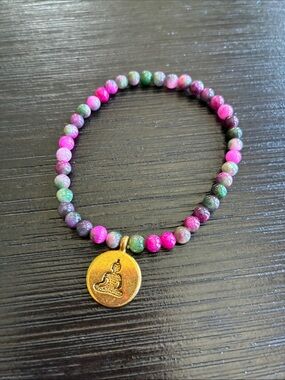 Beaded Pink & Green Gemstone Buddha Charm Bracelet